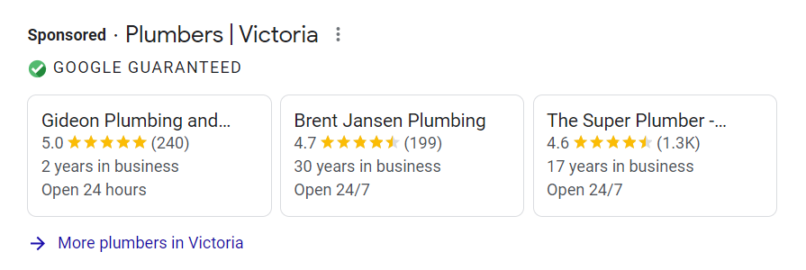 Image of businesses being shown in Google's Local Service Ads, otherwise known as Google Guaranteed.